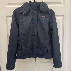 Hollister S All Weather Navy Jacket With Hood and Pink Fleece Interior